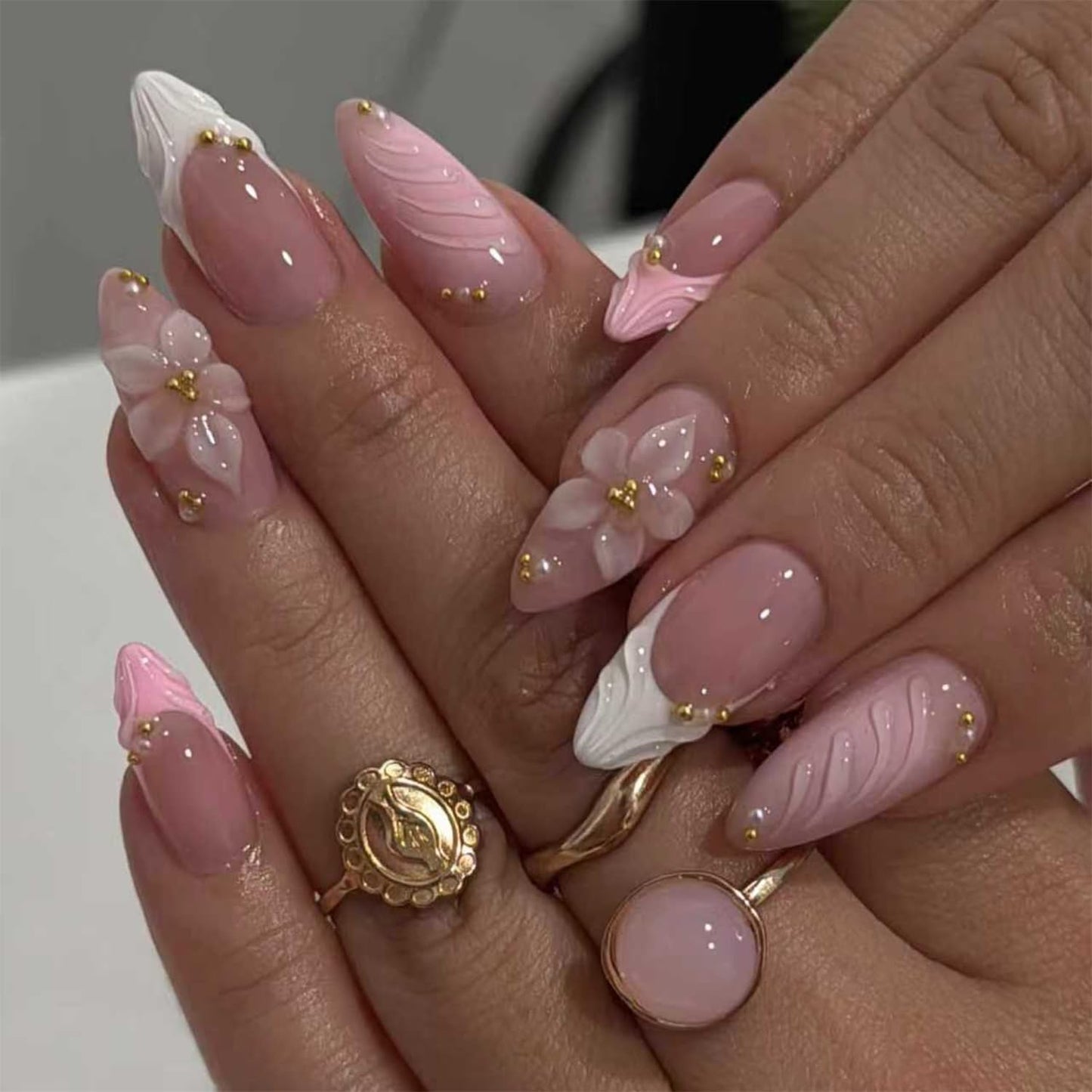 French Tip Press on Nails Medium Almond Fake Nails with 3D Floral Desings Pink Flower False Nails Press ons Glossy Full Cover Glue on Nails Spring Summer Acrylic Nails for Women