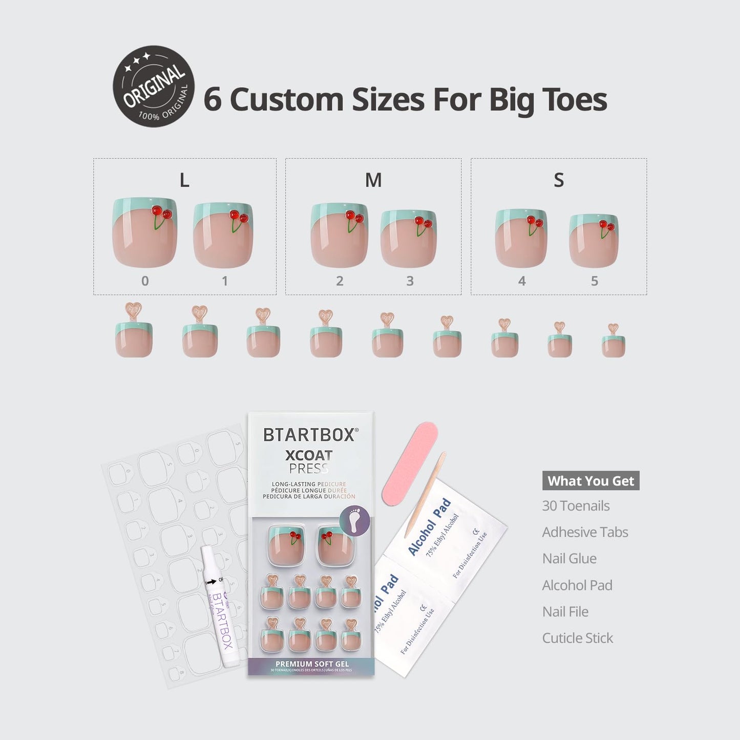 BTArtbox Press On Toenails Short - Berry Pail, Lamp-Curable 4-Week Wear 3D French Tip Square Toe Nail Press Ons with Glue and Adhesive Tabs, Easy-to-Apply in 15 Sizes - 30 Toenails All-in-One Kit