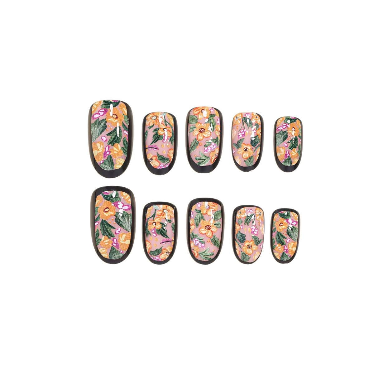 Press on Nails Short Oval - Orange & Pink Flowers with Green Leaves, Cute Garden Floral Design, Full Cover Glossy Fake Nails 24PCS for Women
