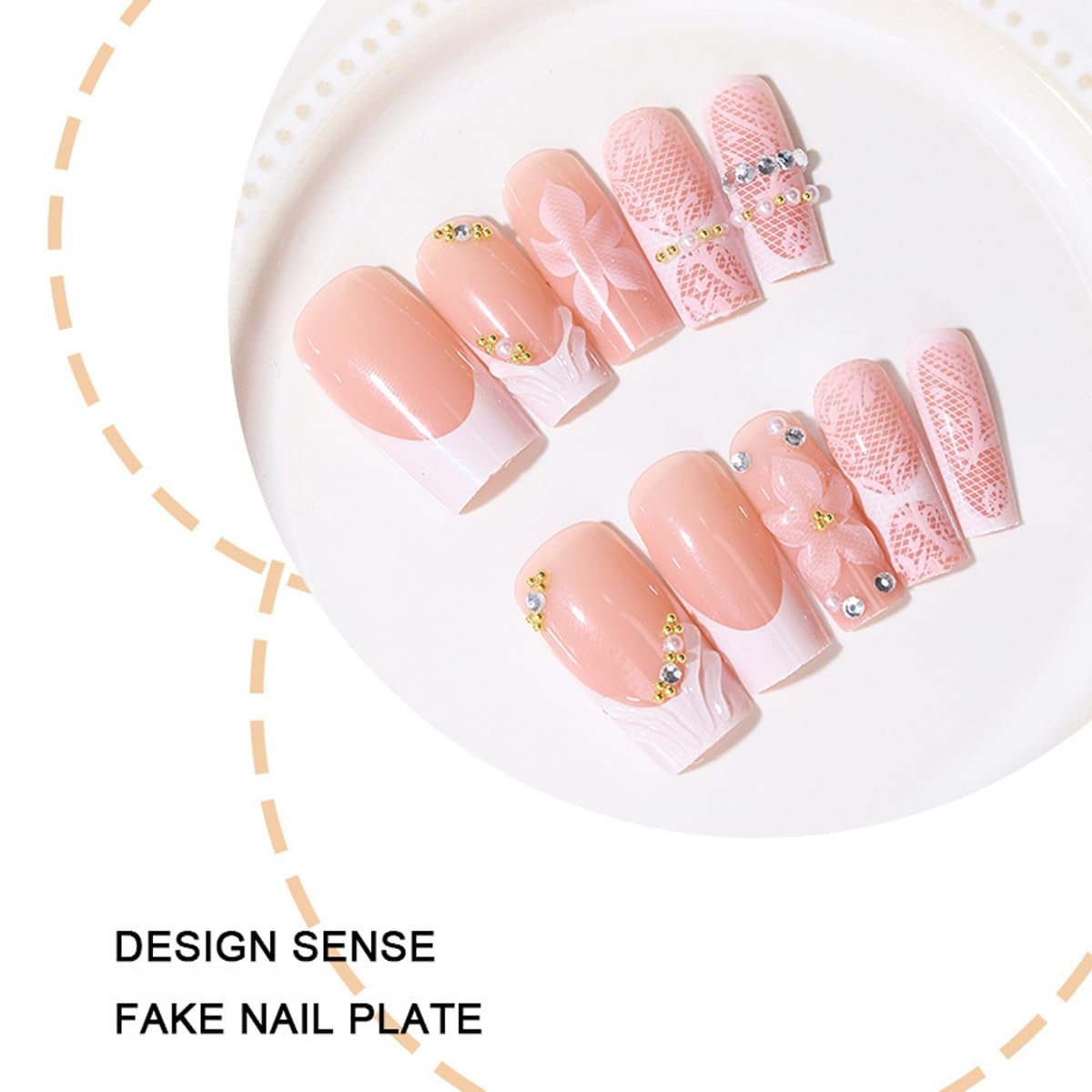 Long Square Press on Nails White French Tip Fake Nails with Lace Print & 3D Pearls Design Nude False Nails Reusable Full Cover Glue on Nails for Women, Elegant Bridal Manicure Kit 24Pcs