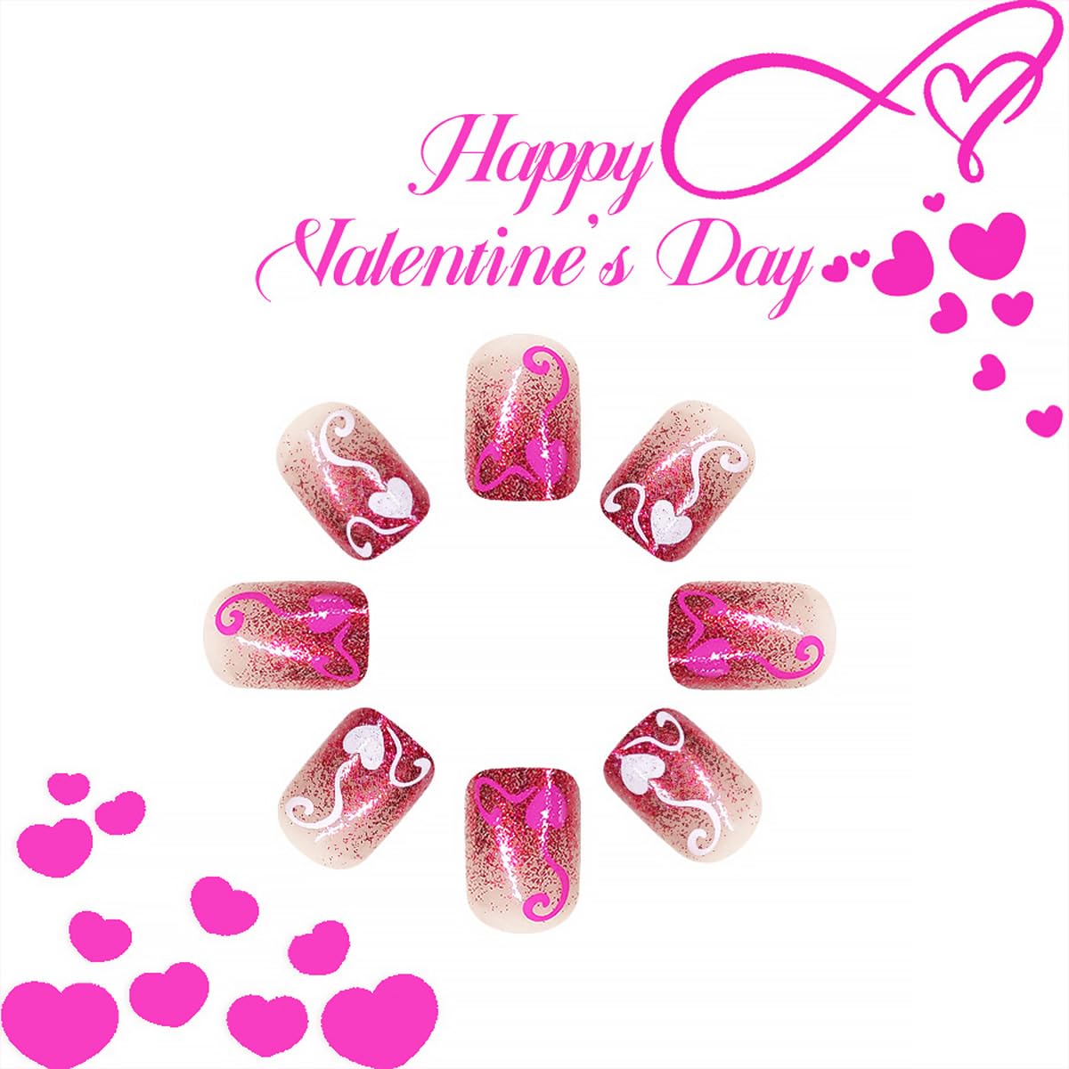 24Pcs Valentine's Press on Nails Short Square French Tip Fake Nails Romantic Heart False Nails with Pink Glitter Nude Full Cover Artificial Glue on Nails Cute Valentines Stick on Nails for Women