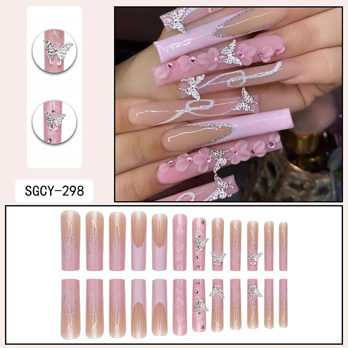24Pcs Long Square Press on Nails Pink French Tip Fake Nails Silver Rhinestones with Flower Full Cover Tips Glue on Nails Artificial Acrylic False Nails Butterfly Charms Design for Women Manicure DIY