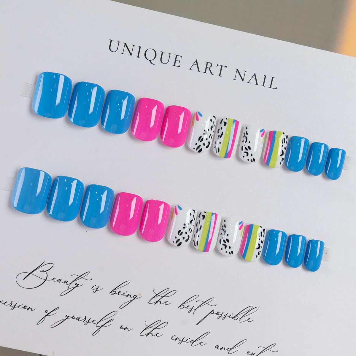 CTTHNBD Press on Nails Short - Square Fake Nails with Colorful Line Design - Glossy Full Cover Stick on Nails - for Women 24 Pcs