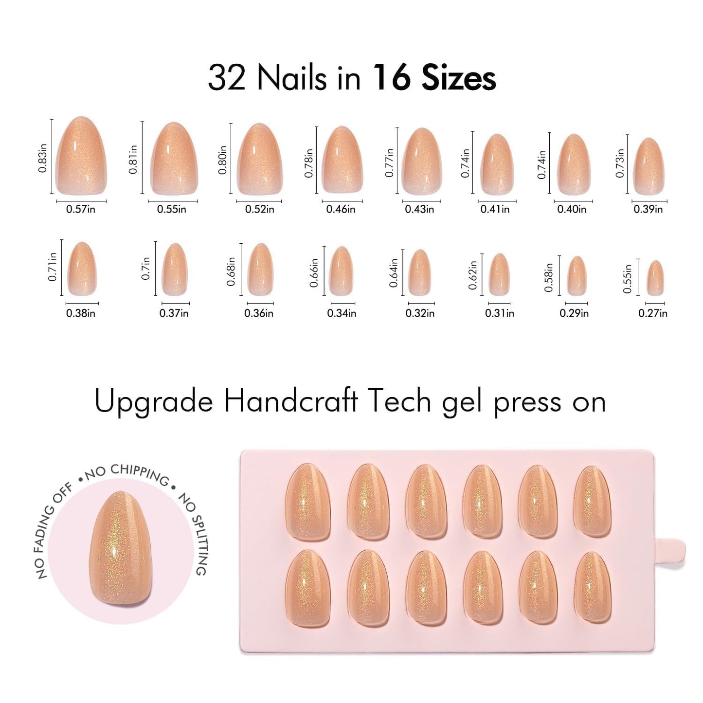 VSALON Almond Short Press On Nails, Summer Apricot Gold Glitter Shimmer Light Curable False Nails, Reusable Salon Quality Fake Nails Kit, 32 pcs Stick on Nails in 16 Sizes with Glues & Adhesive Tabs