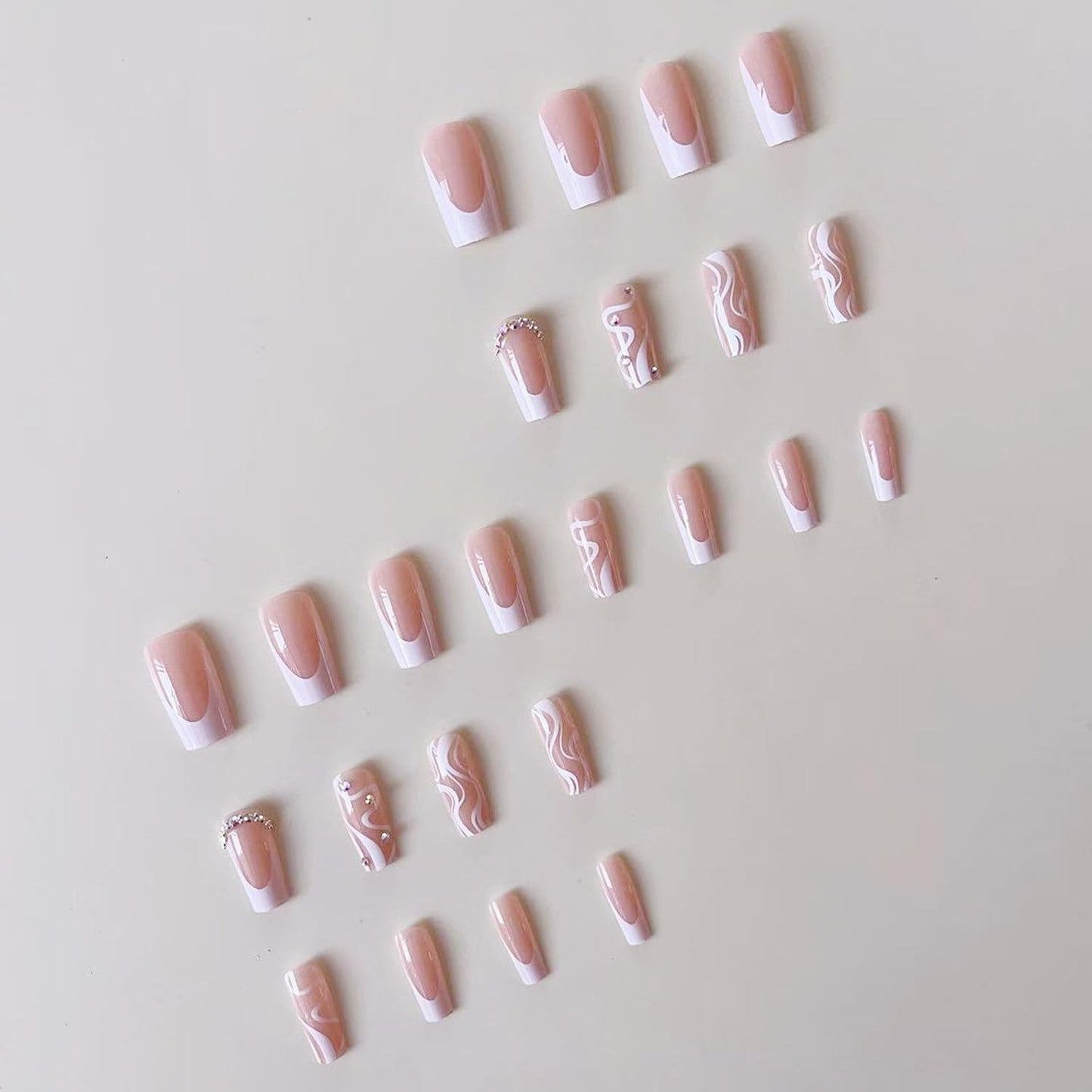 Medium Long Press on Nails White French Tip Fake Nails Square Medium Length Rhinestone Pink Designs Glitter V-shaped French False Nail Tips Artificial Nails Finger Manicure for Women and Girls-24pcs