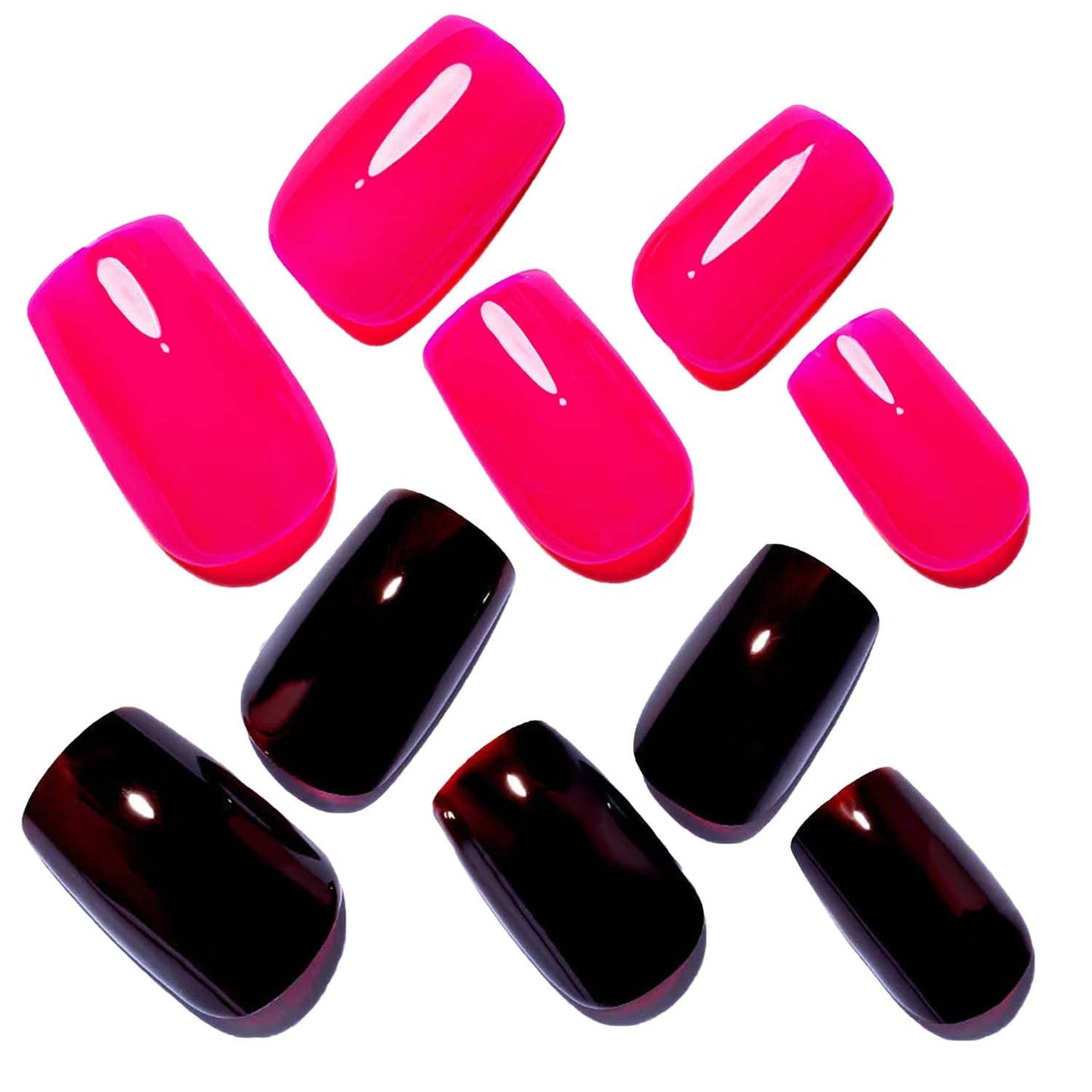 GLAMERMAID Gel Nail Polish Press on Nails Short, Handmade Hot Pink Fake Nails Medium Square, Handmade Burgundy Short Almond Fake Nails Coffin with Star Glitter Design, Reusable Acrylic False Nail