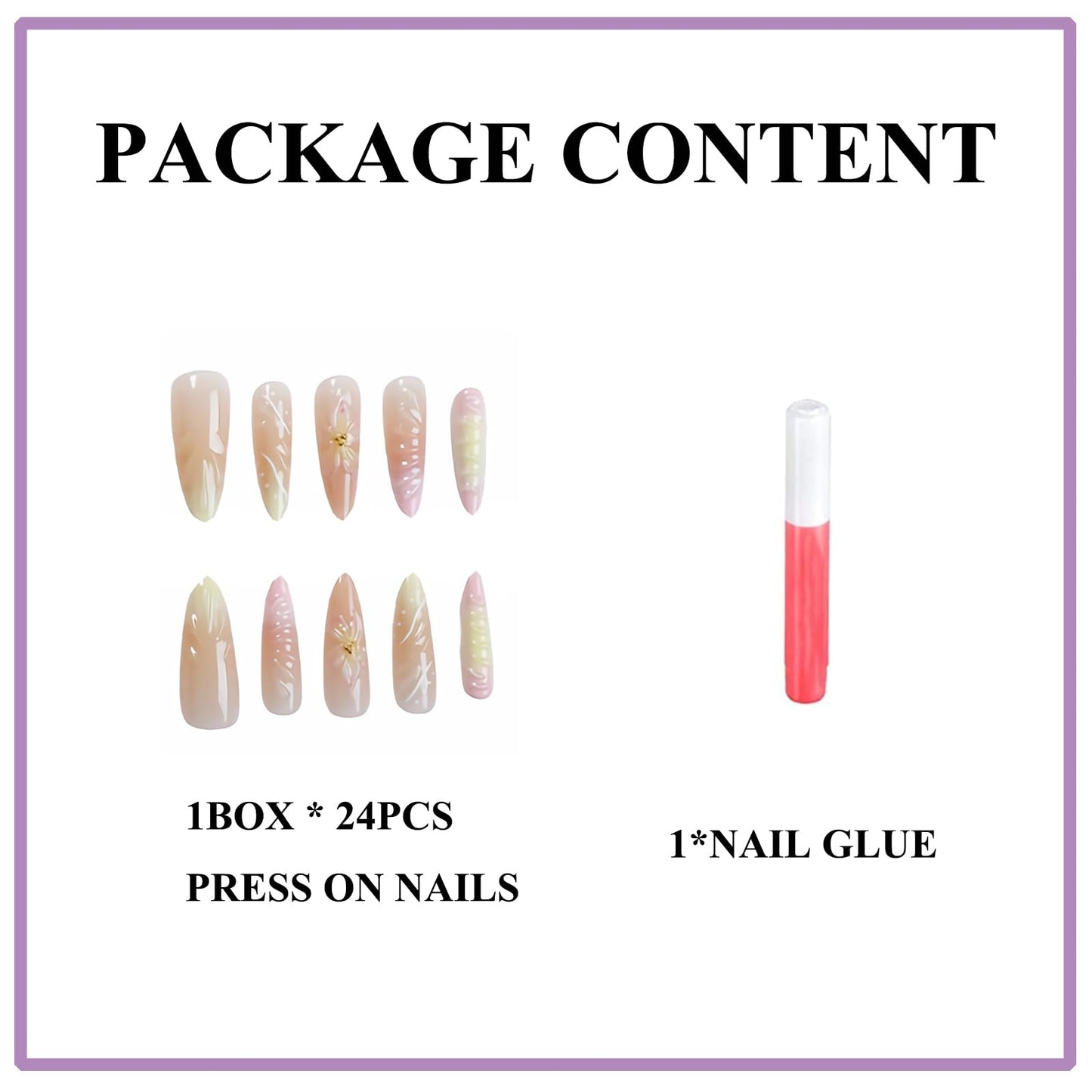 MERVF Press on Nails Long Stiletto - Ombre Pink Yellow French Tip Fake Nails Summer Acrylic 3D Flower Design Manicure Supplies Glossy 24pcs