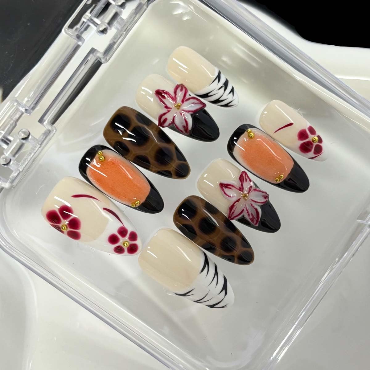 10Pcs Handmade Press On Nails Medium Almond Fake Nails 3D Flower With Gradient Design French Tip False Nail Full Cover Floral Stick On Nail Acrylic Glossy For Women Manicure(SIZE:M)