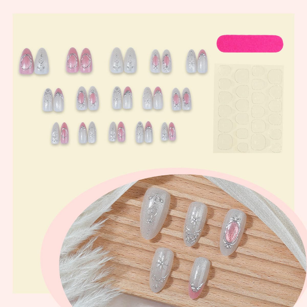 Medium Almond Press on Nails - Cat Eye Fake Nails with 3D Silver Charms Designs Glitter False Nails French tip Glue on Nails Reusable Full Cover Stick on Nails for Women Manicure 24Pcs
