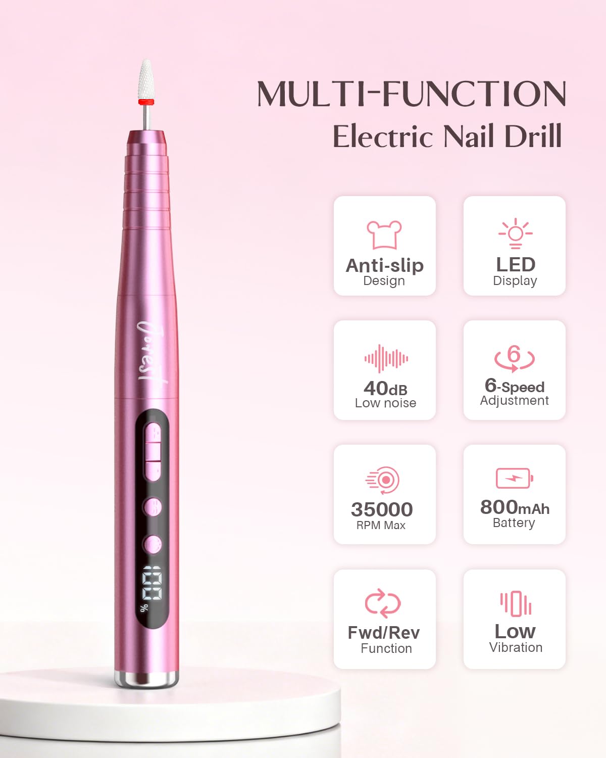 JOREST 13-in-1 Cordless Electric Nail Drill Kit with LED Display, 35,000 RPM 6-Speed Rechargeable Manicure Tool for Acrylic Gel Nails, Nail File with Bits & Sanding Bands, Gifts for Women, Rose Pink
