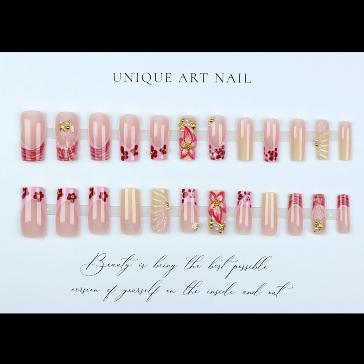 24Pcs Spring Summer Press on Nails Long Square Fake Nails 3D Pink Flower with Rhinestones Designs Gold Starfish Seashell Beach Glue on Nails Acrylic French Tip False Nails Stick on Nail for Women