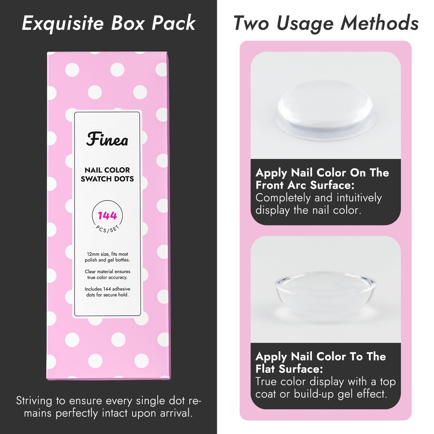 Finea 144pcs Gel Nail Polish Color Display Swatch Dots with Stickers Clear Transparent Acrylic Plastic Labels Nail Art Paint Color Analysis Chart Sample Accessories Nail Tech Must Have Salon Supplies