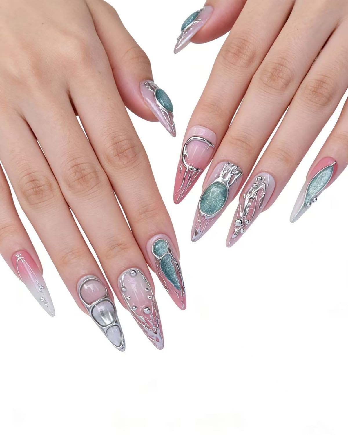 CAMILCY Luxury Handmade Press On Nails Pink Gradient Green Glitter Metallic 3D Design Long Stiletto Fake Nails Salon Quality Reusable Acrylic Nails for Women (B06, L)