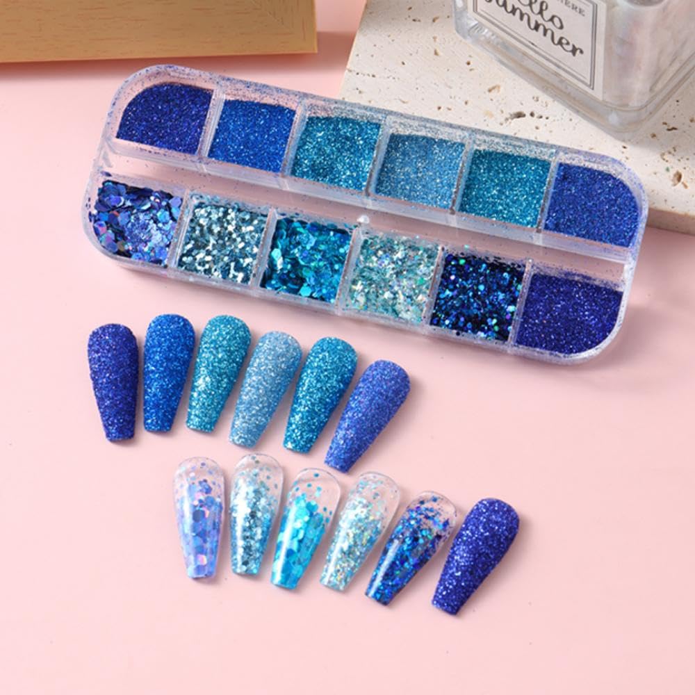 Nail Art Foil Flakes Powder 3D Holographic Nail Art Foil Glitter Sequins Blue Glitter Nails for Women Girls Acrylic Nails DIY Decorations Charms