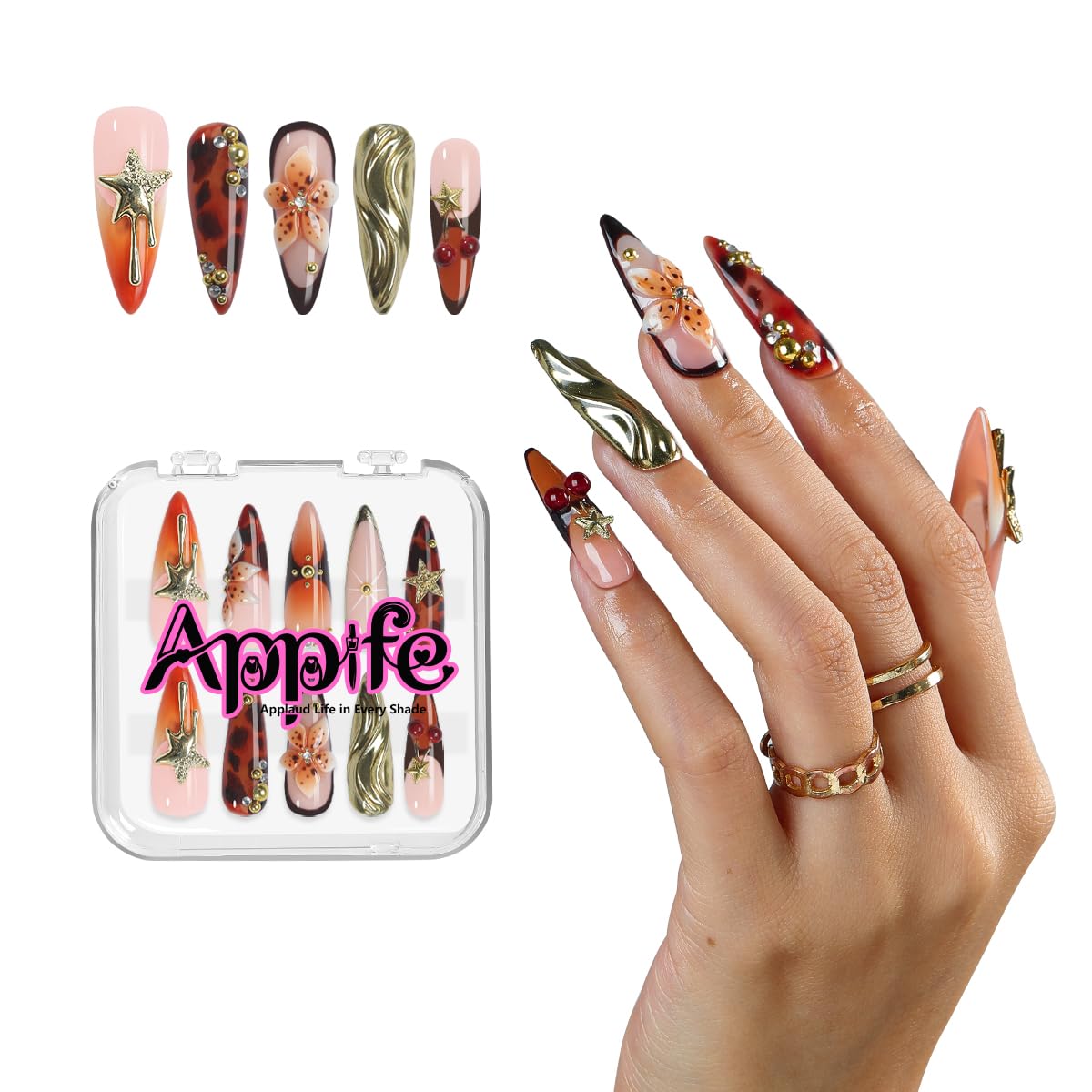 Long Almond Press on Nails, 10pcs Handmade Design Fake Nails with Gold Chrome Mirror, Tortoise Shell & Cherry 3D Flower Style, Reusable Glue on Nails for Women – Appife