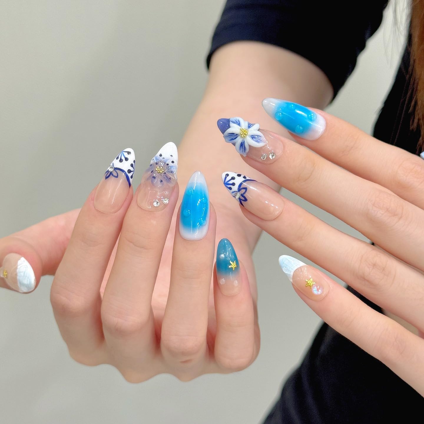 Tesytto Handmade 3D Shell Press on Nails - Medium Almond Blue Ombre, Ripple French Tip & Flower Design Summer Mermaid Nails (Big Island-B,S)