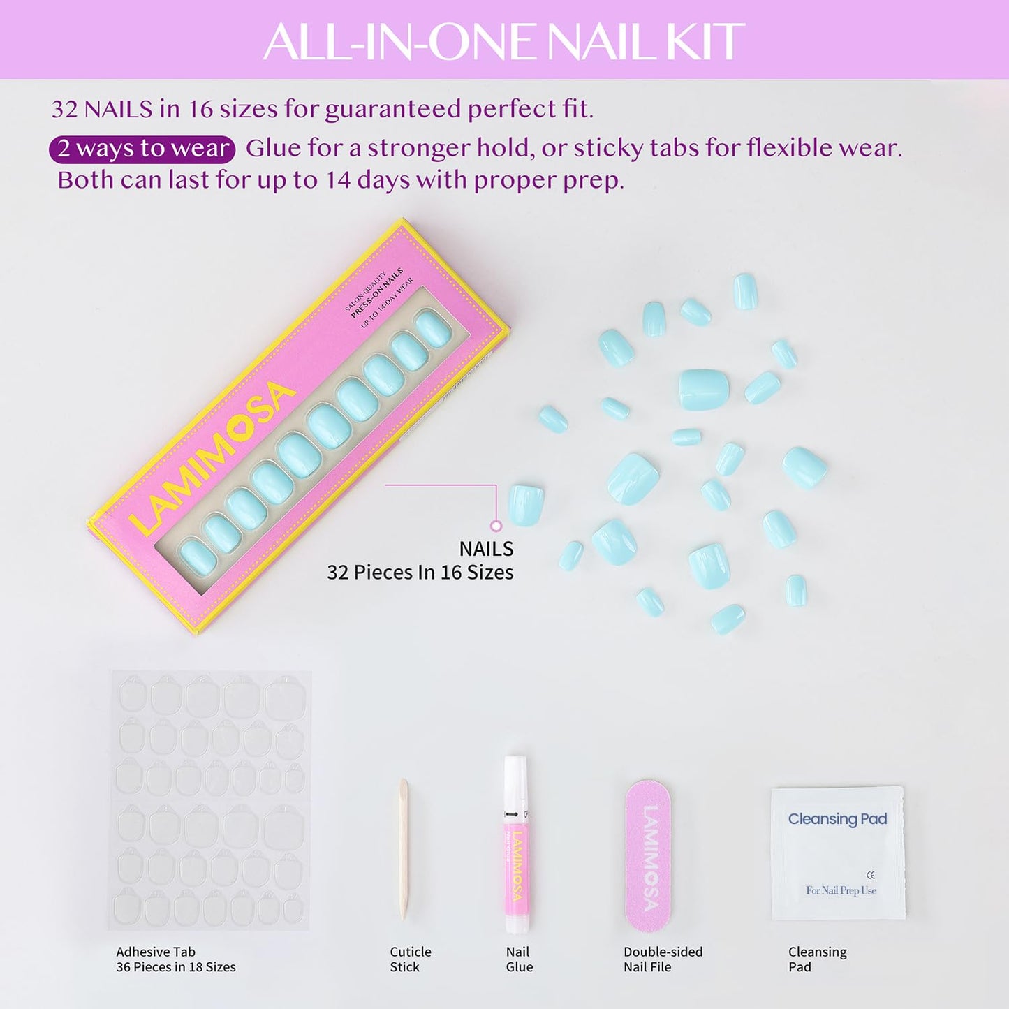 LAMIMOSA 32Pcs Press On Nails Extra Short Round, Aqua Blue Fake Nails with Glue, Soft Gel Baby Blue Nails in 16 Sizes, Reusable Glue On Nails Kit, Spring Summer Extra Small Nails, MINTY AQUA