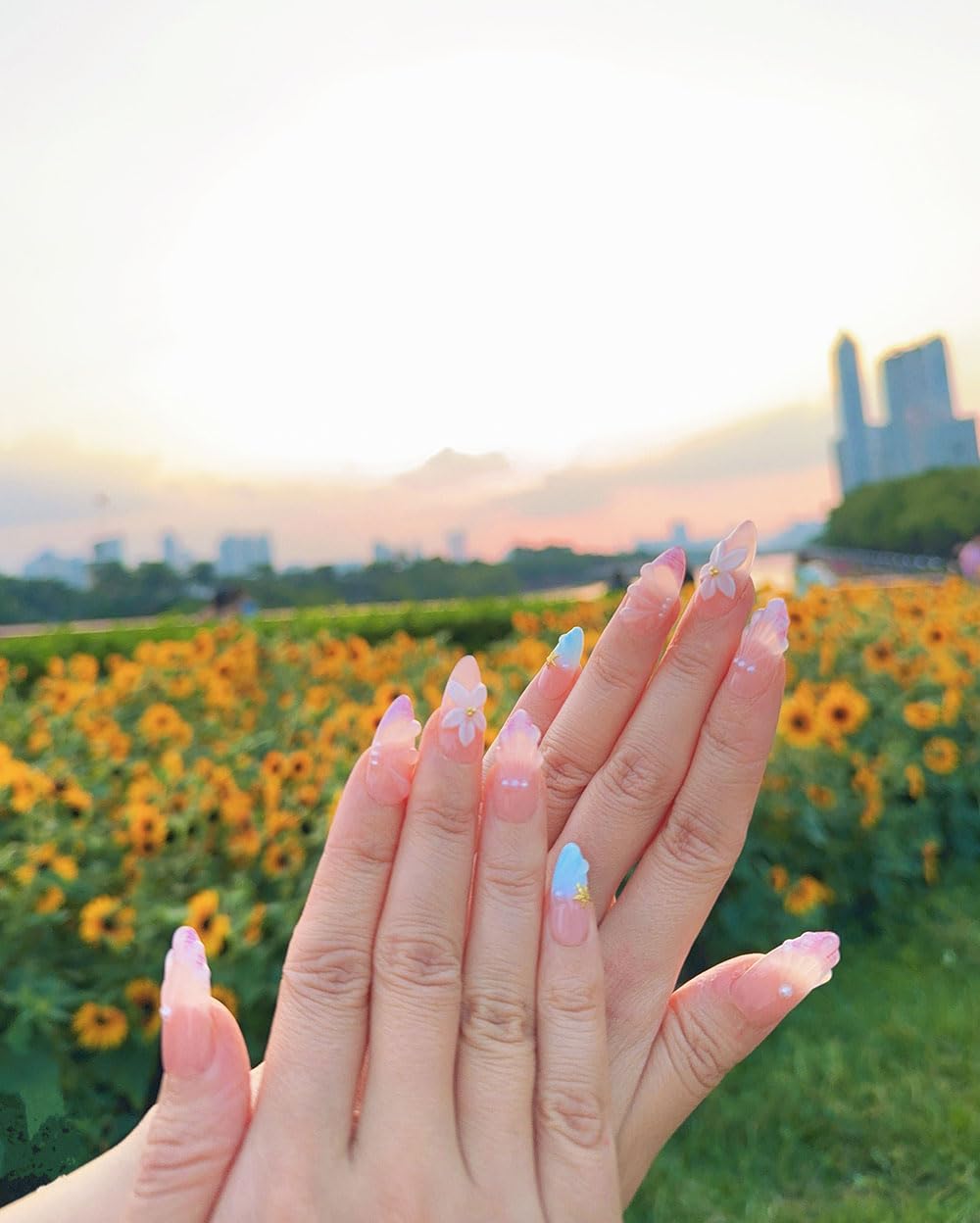 10Pcs Medium Almond Handmade Press On Nails | Easy Apply & Remove, Reusable Salon Quality Nails | Sheer Nude Beach Themed Fake Nails with 3D Seashell & Floral Accents (A022, XS)