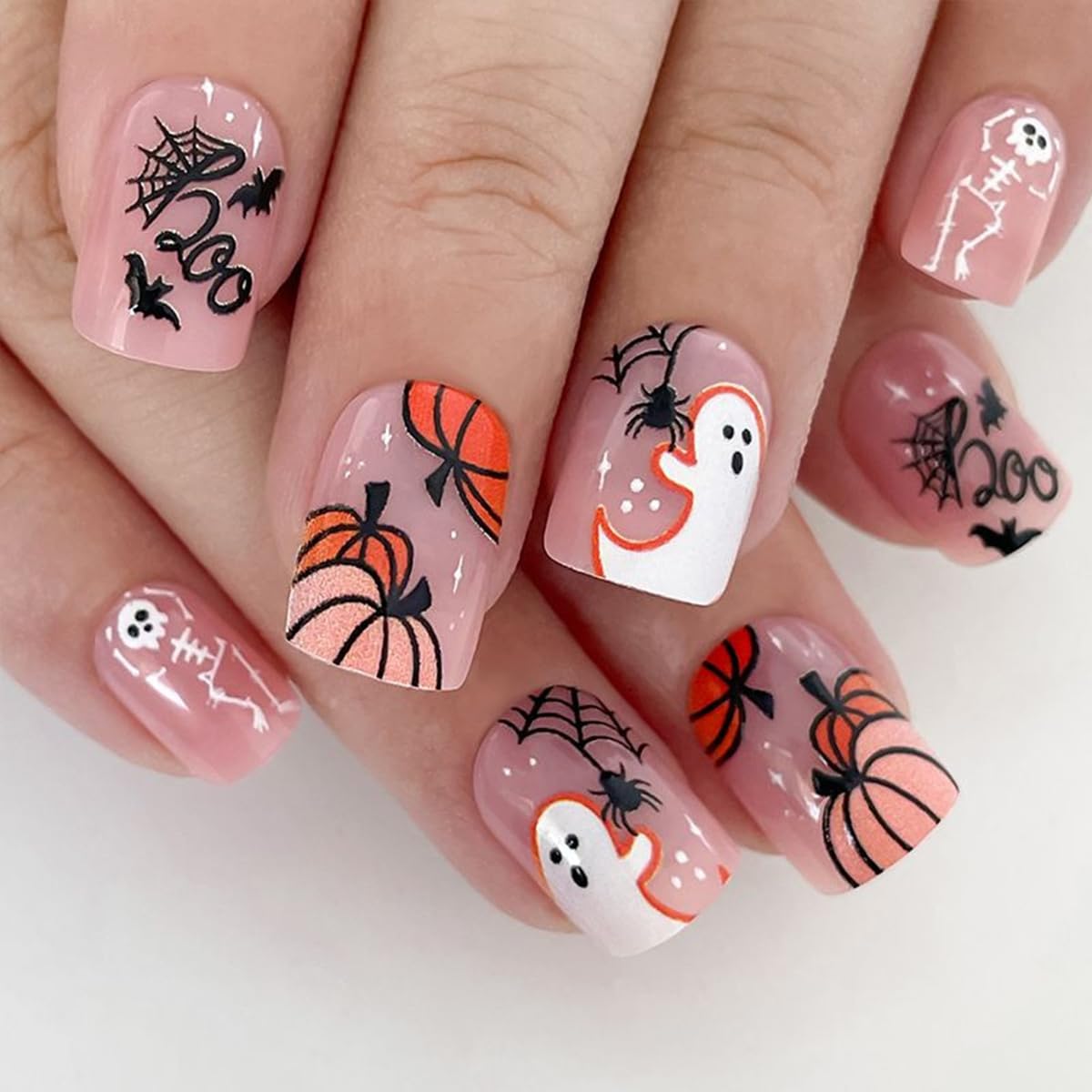 6 Packs (144 Pcs) Halloween Press on Nails Short Square Fake Nails with Designs Pumpkin Ghost Spider Glue on Nails Full Cover Glossy Acrylic Stick on Nail for Women Girls Manicure
