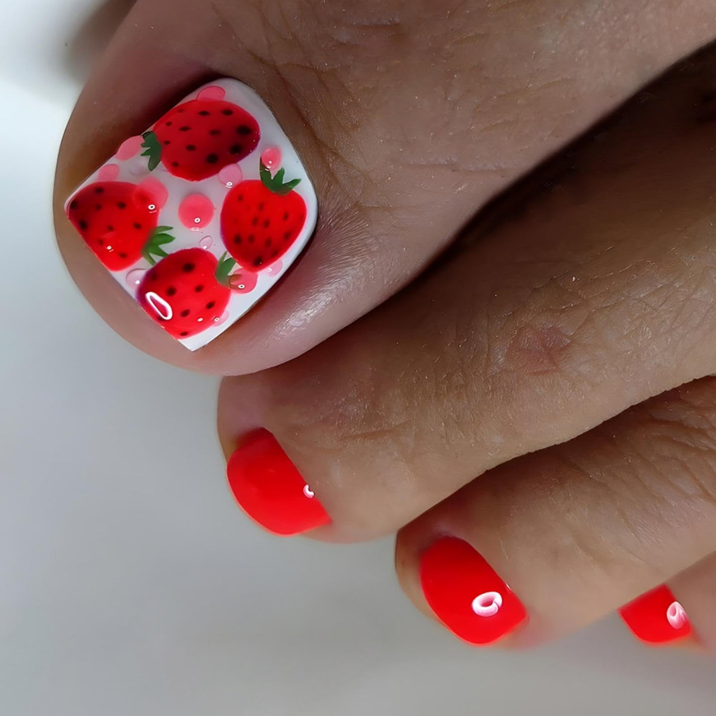 Red Press on Toenails Short Square Stick on Toenails with Strawberry Design 3D Pink Dots Fake Toe Nails Glossy Summer False Toenail Cute Spring Glue on Toenail for Women Girls Manicure 24Pcs