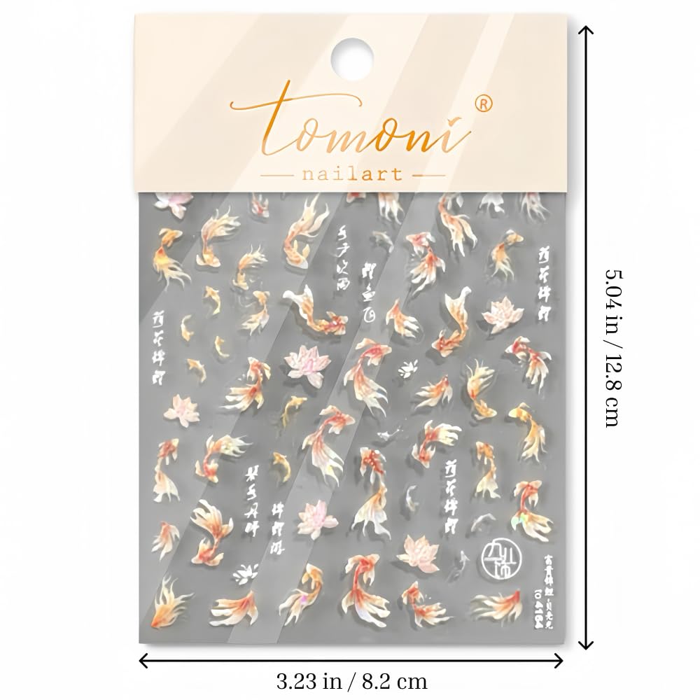 Golden Koi Fish Nail Stickers 5D Embossed – Premium Salon-Quality Nail Charm Accessories, Easy Application & Self-Adhesive Red Koi Lotus Sticker for DIY Manicure, Nail Art, Press on, Home or Salon Use