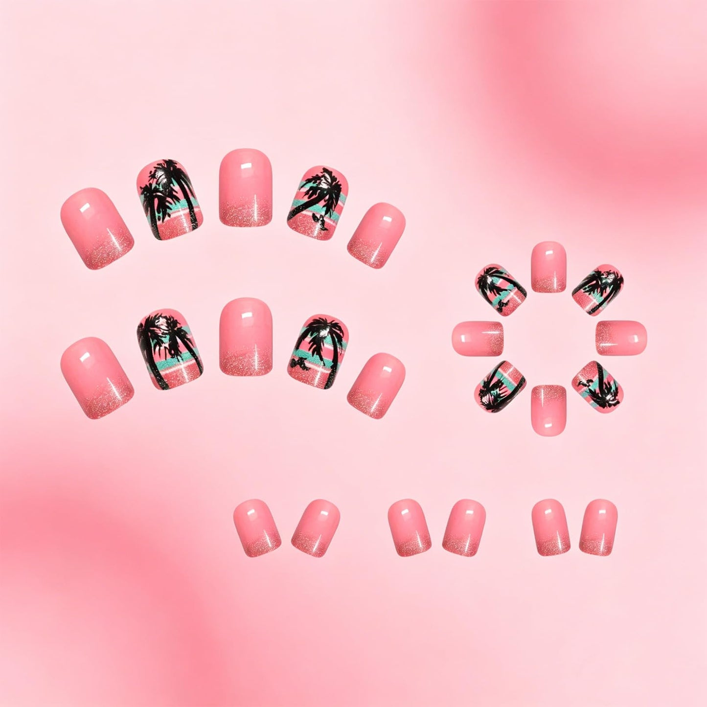 Coconut Tree Press on Nails with Gold Glitter Design Glossy Pink Fake Nail Short Square False Nails Summer Stick on Nail for Women Daily Wear Ocean Glue on Artificial Fingernails