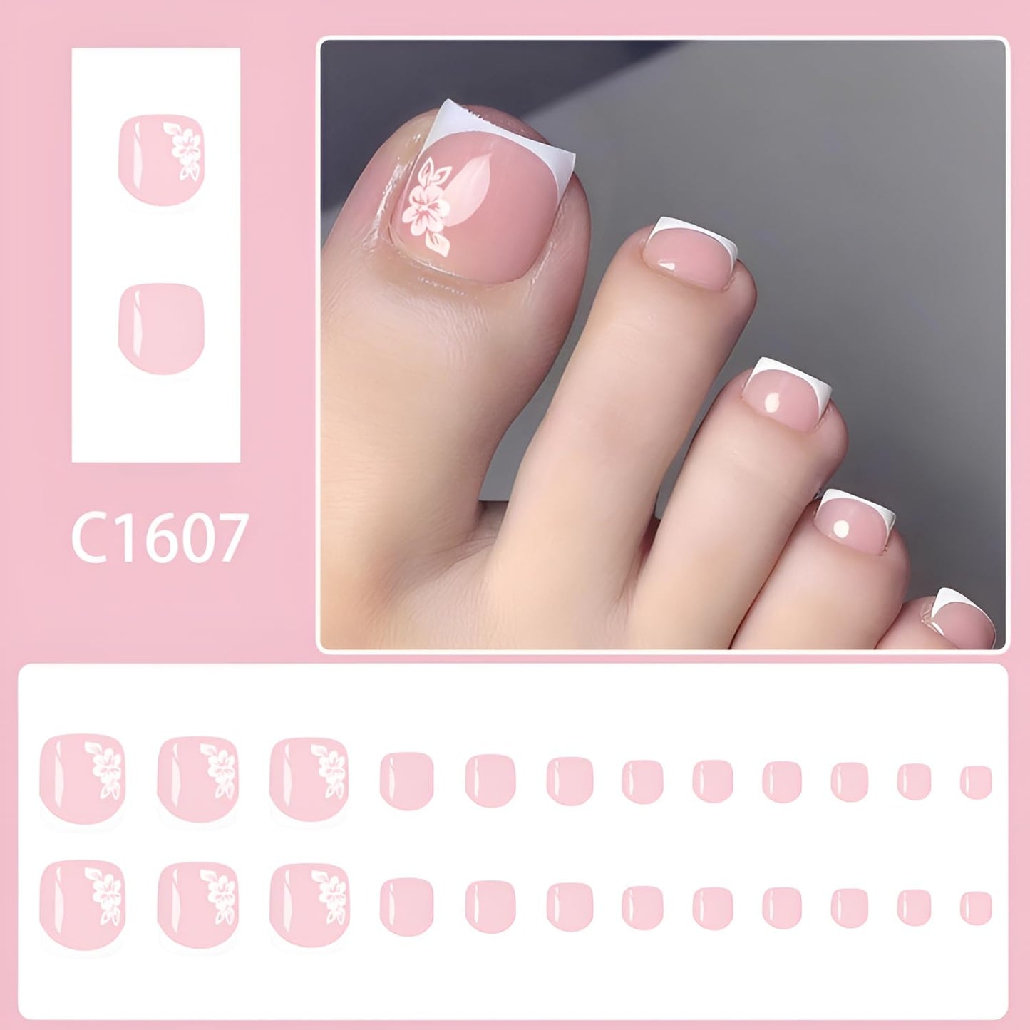French Tip Press on Toenails Short Square Fake Toe Nails Flower Toenails Press Ons Glossy Full Cover False Toenail White French Tip Glue On Toe Nails Acrylic Stick on Toenail for Women Set 24Pcs