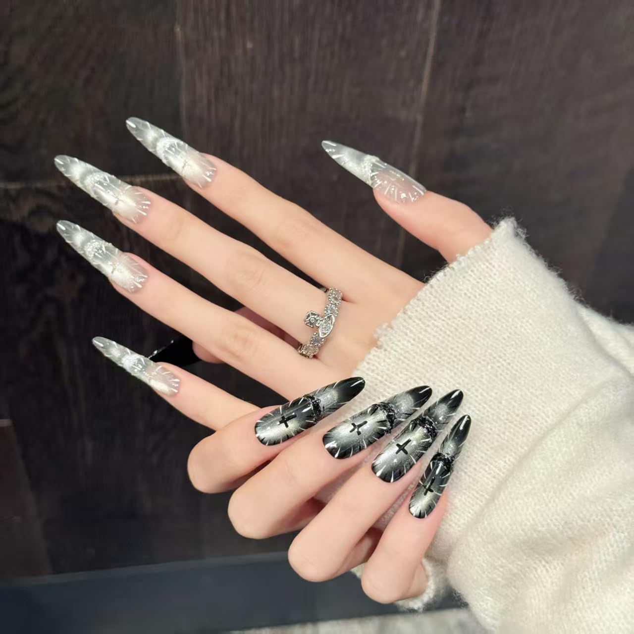 Gothic Fake Nails Set | Stiletto Almond Fake Nails with Silver Crackle & Black Gradient | Long Press on Nails for Women | Dark Aesthetic Nail Art (S)