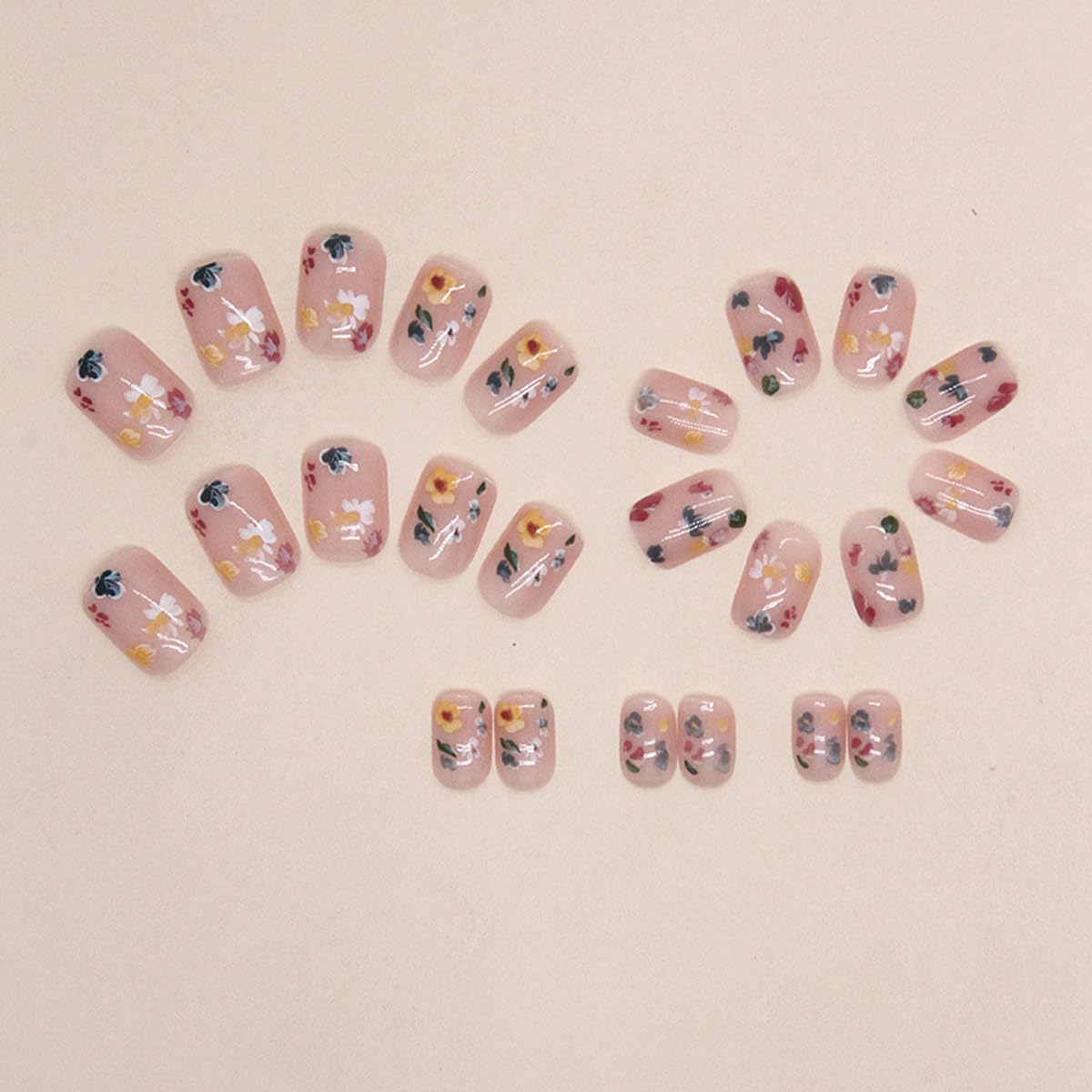 Flower Press on Nails Extra Short Square Fake Nails Nude False Nails Press ons with Colorful Floral Designs Reusable Acrylic Nails Full Cover Glue on Nails Stick on Nails for Women Manicure 24Pcs