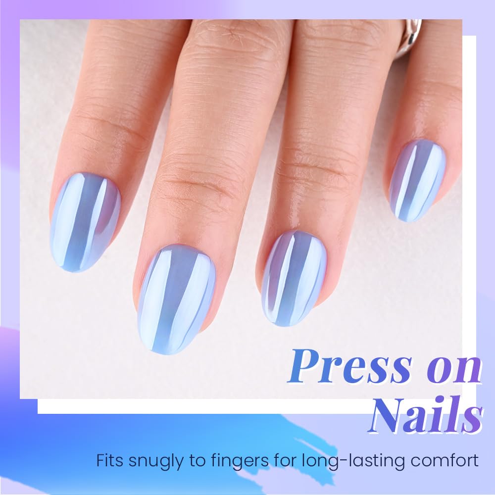 evpct Sky Blue Glazed Metal Press on Nails Short Oval, Short Oval Chrome Glossy Aurora Stick on Nail for Women, Reusable Full Cover Soft Press on Nail Perfectly Fit with Glazed Design Salon Quality