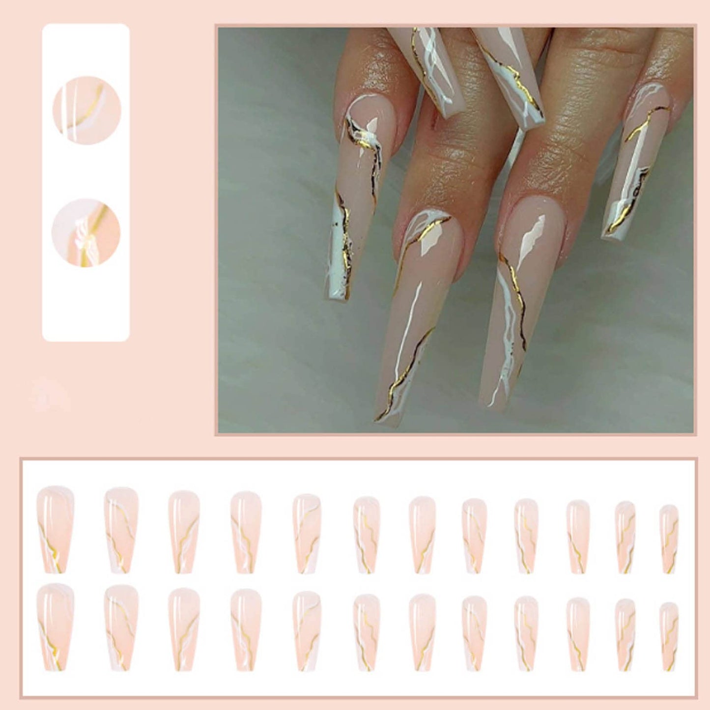 Hkanlre Gold Fake Nails Long Press on Nails Coffin Acrylic Geometry False Nails Full Cover Nails for Women and Girls 24PCS