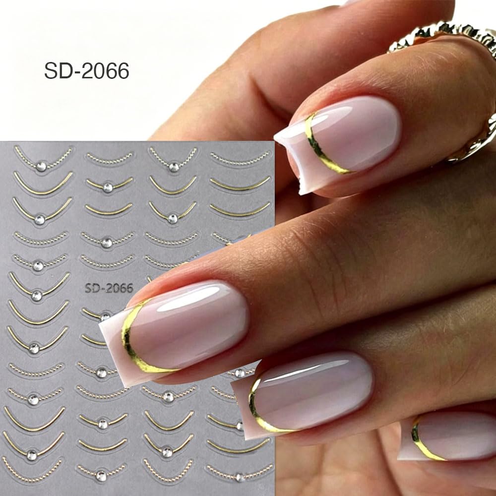 French Line Nail Art Stickers,Gold Silver Line Diamond Nail Stickers 5D Self-Adhesive Nail Decals 2Pcs Nail Art Supplies Gold Silvery Lines Stripe Deisgns for Women Nails Decor