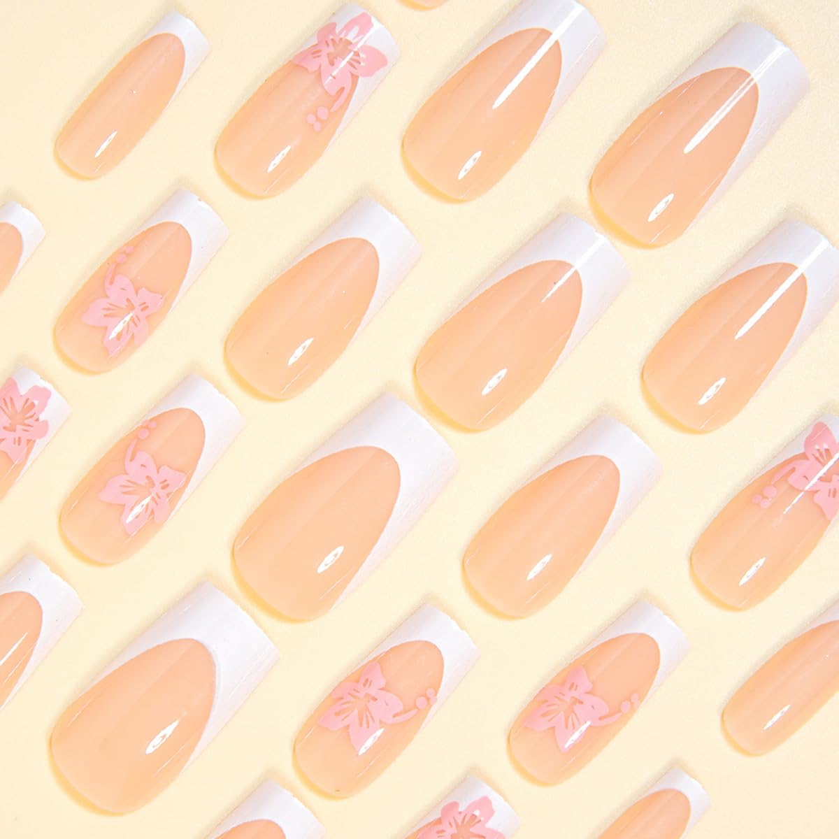 48Pcs White French Press on Nails Medium & Press on Toenails Set - WLGDLH Fake Nails Press ons Nail Art Tips Cute Glue on Nails Full Cover Short Fake Toe Nail Pink Flower Design Acrylic Nail Kit