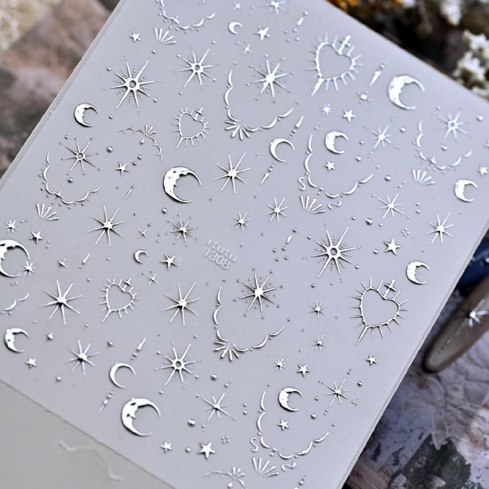 Silver Nail Stickers 5D Embossed Star Moon Nail Decals Cute Hearts Nail Designs Galaxy Sun Nails Supplies Self Adhesive Golden Goth Valentines Gel Nail Decals Stickers for Women DIY Manicure 1 Sheet