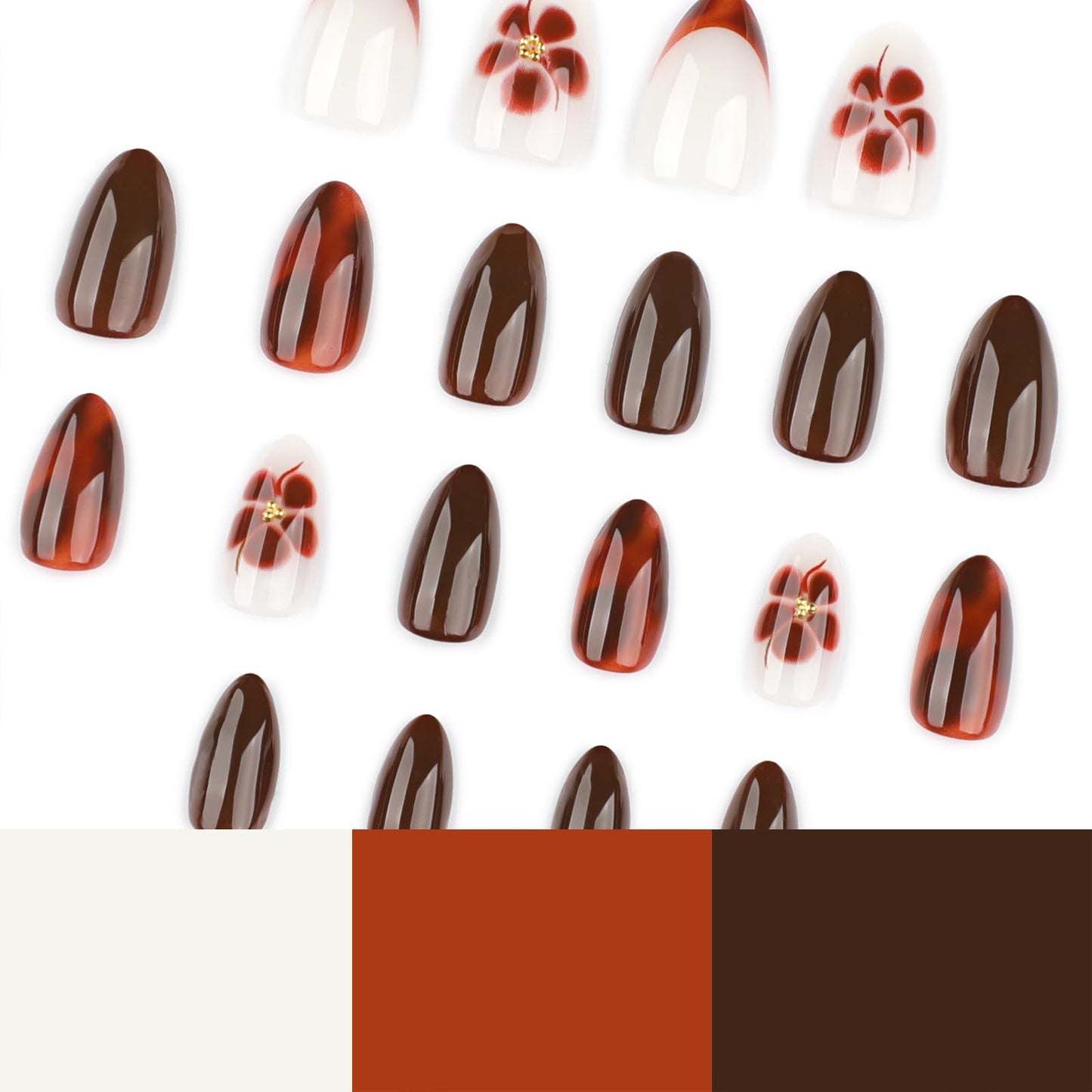 Mivota French Press On Nails Short Almond, Fall Fake Nails Adorned with Black and Burgundy Petal Accents, 3D Design, Glossy Gel Finish Acrylic Nails, Reusable Glue On Nails for Women, 24Pcs