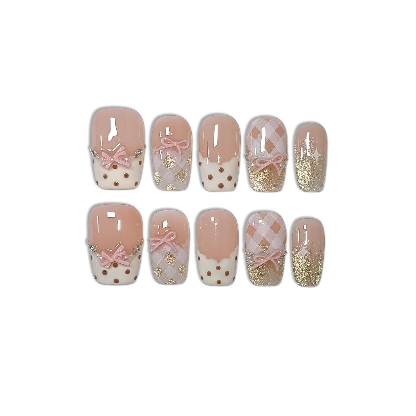 TENPAL 10Pcs Y2K Short Medium Coffin Press On Nails With Tools Kit,Light Pink Cat Eye French Fake Nails with Dot Bow Plaid Pattern,K-Beauty Acrylic Glue on Nails for Wedding Party Daily Wear(L)