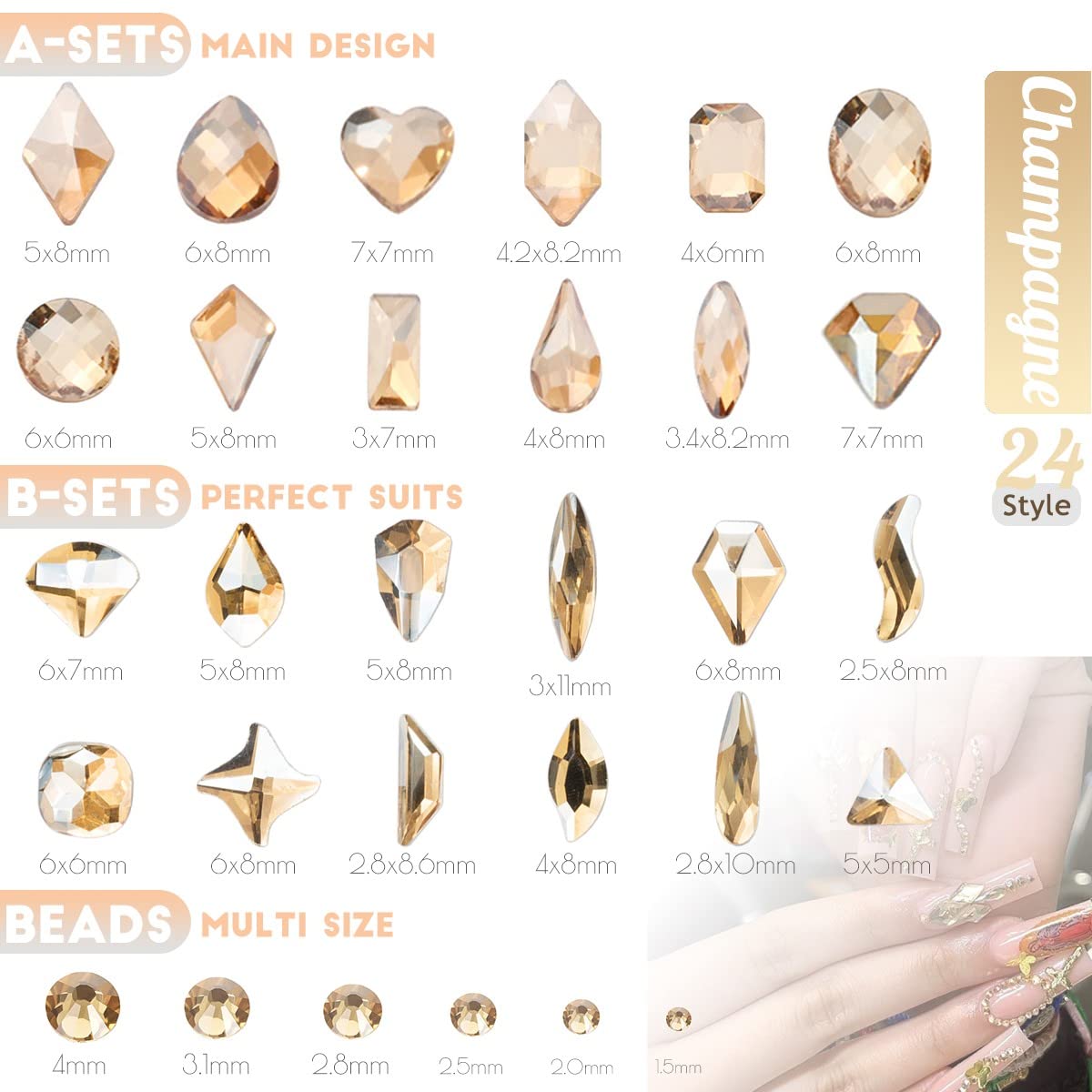 qiipii 24 Styles Champagne Gold Nail Rhinestones Multi Shapes K9 Glass Flatback Crystals Gems Round Beads Stones Diamonds Jewels Nail Art Charms Supplies for Nails Face Eyes Makeup Crafts Clothes