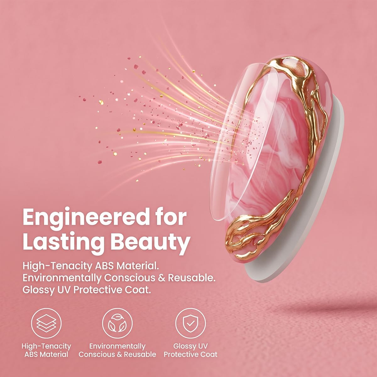 Almond Press On Nails - Medium Pink Gradientw th 3D Flowers Pearl Designs Gold Flower Fake Nails Glossy Finished Reusable False Nails with Glue Tabs - 30Pcs Nail Kit for Women Manicure