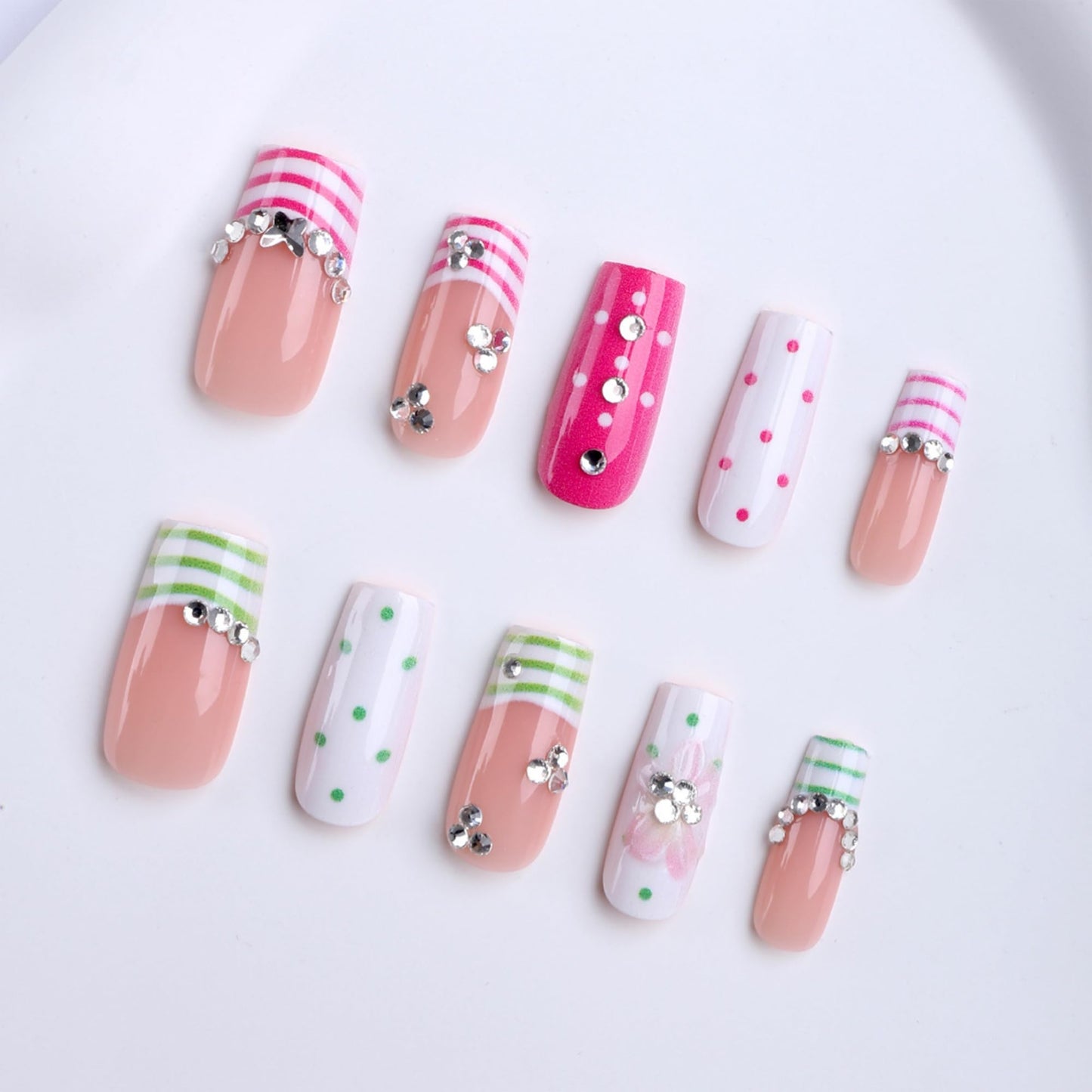 octoswave Medium Square Press on Nails with Polka Dot & Stripe Design - Acrylic Fake Nails for Women, Perfect for Parties, Dates & Office Wear - 24Pcs