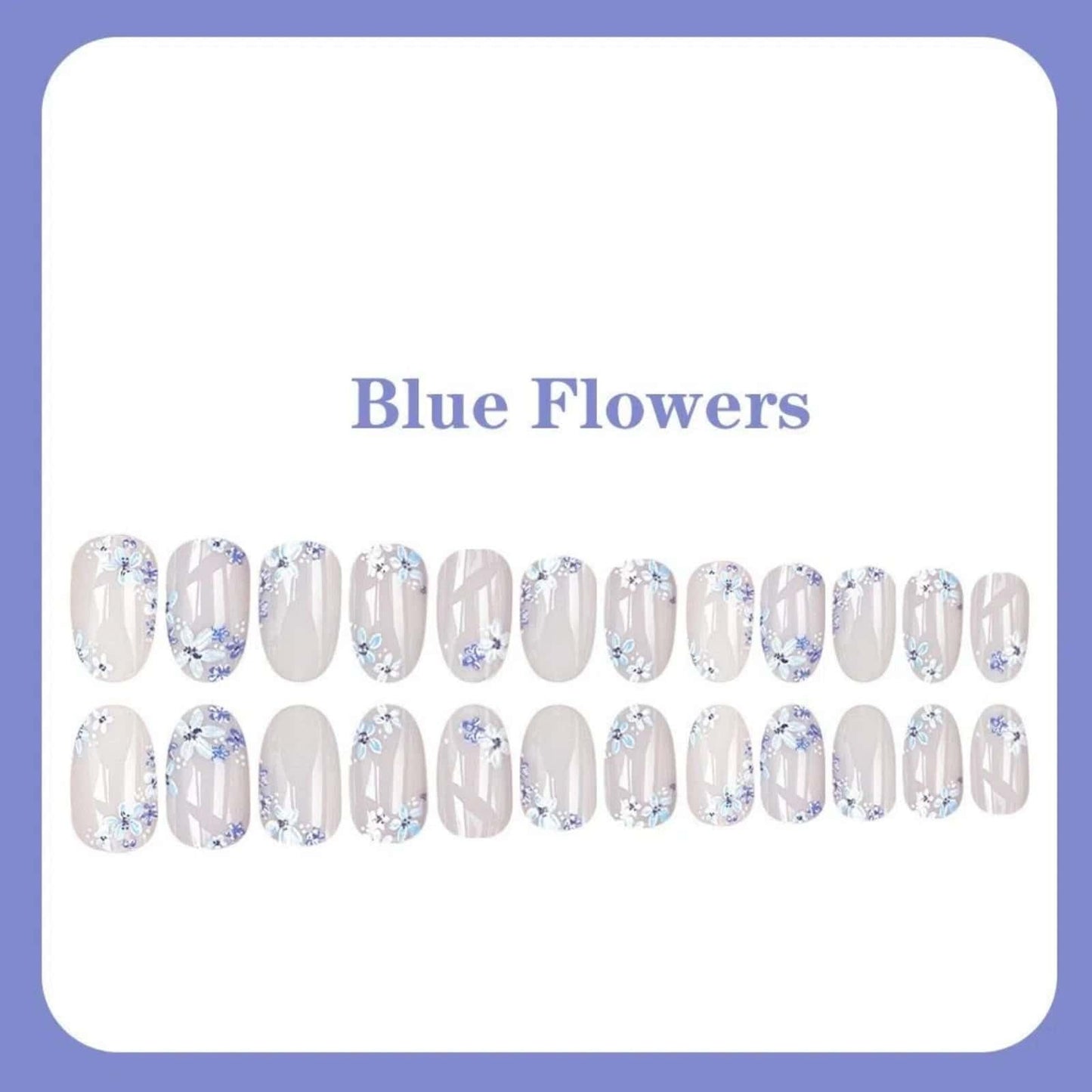 French Flower Press on Nails Short Round Fake Nails with Blue Floral Design Glossy White Glue on Nails Spring Summer Reusable Artificial Nail Full Cover Stick on Nails for Women 24Pcs