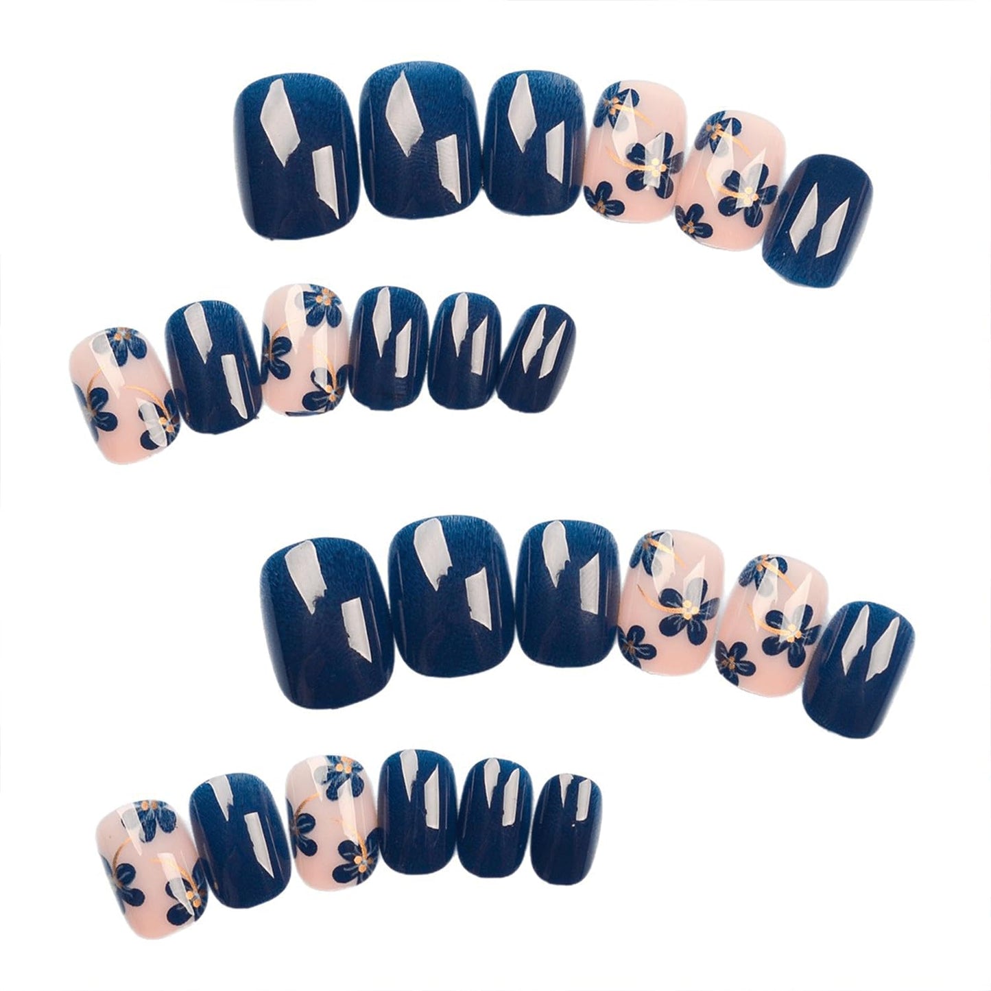 Flower Press On Nails Short Oval Nails Press Ons Spring Fake Nails Blue Floral Acrylic Nail Glossy Glue On Nail Full Cover False Nail For Women Girls Manicure 24Pcs