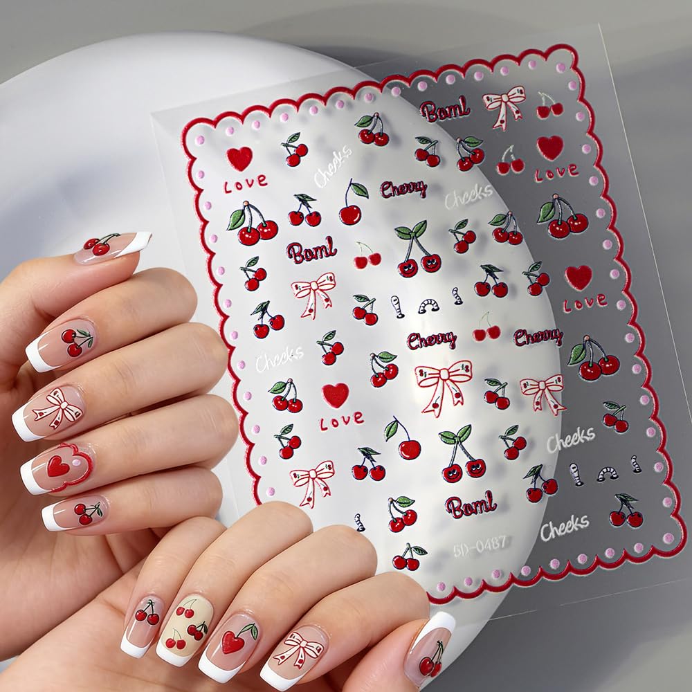 6 Sheets Fruits Nail Stickers for Nail Art Summer, 3D Self-Adhesive Nail Decals with Strawberry Cherry Pattern, Nail Supplies Nail Art Design Accessories for Women and Girls Manicure DIY Decoration