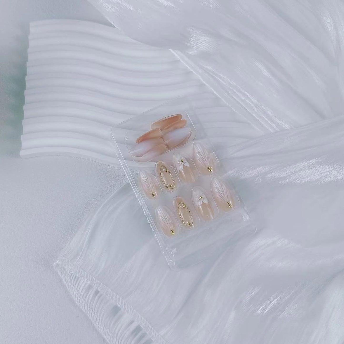White French Press on Nails with Medium Almond Fake Nails Gold Steel Beads Design French Gradient Nails Press ons Flower Stick on Nails Glossy Full Cover Stick on Nails for Women Daily Wear 24Pcs