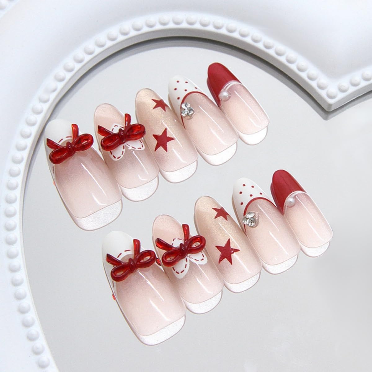 French Tip Press on Nails Medium Almond Fake Nails with Glue Nude Glitter Glossy Acrylic Nails Design Star Heart Bow Rhinestones Design False Nails for Women Manicure Decoration 30PCS