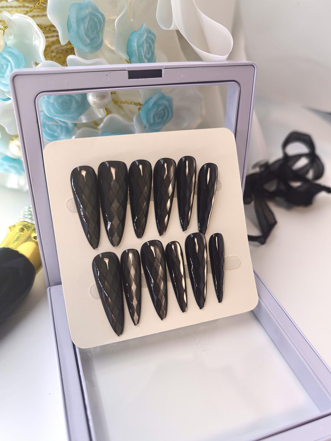 YOYfinee:Halloween 3D Rhombus Pattern Pointed-Long false nails，30pcs，12sizes，10 colors to choose，reuse with nail glue sticks. Dark(5)