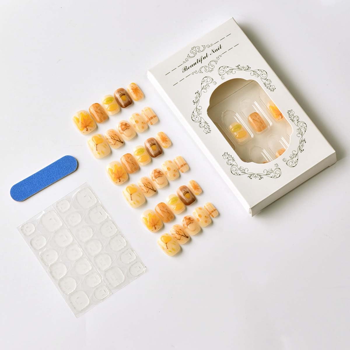 Fall Press on Nails Short Square Fake Nails Autumn Yellow Nails Press ons with Maples Mushroom Acorn Design,Reusable Artificial Nail Full Cover Glue on Nail Stick on Nails for Women Manicure 24 Pcs