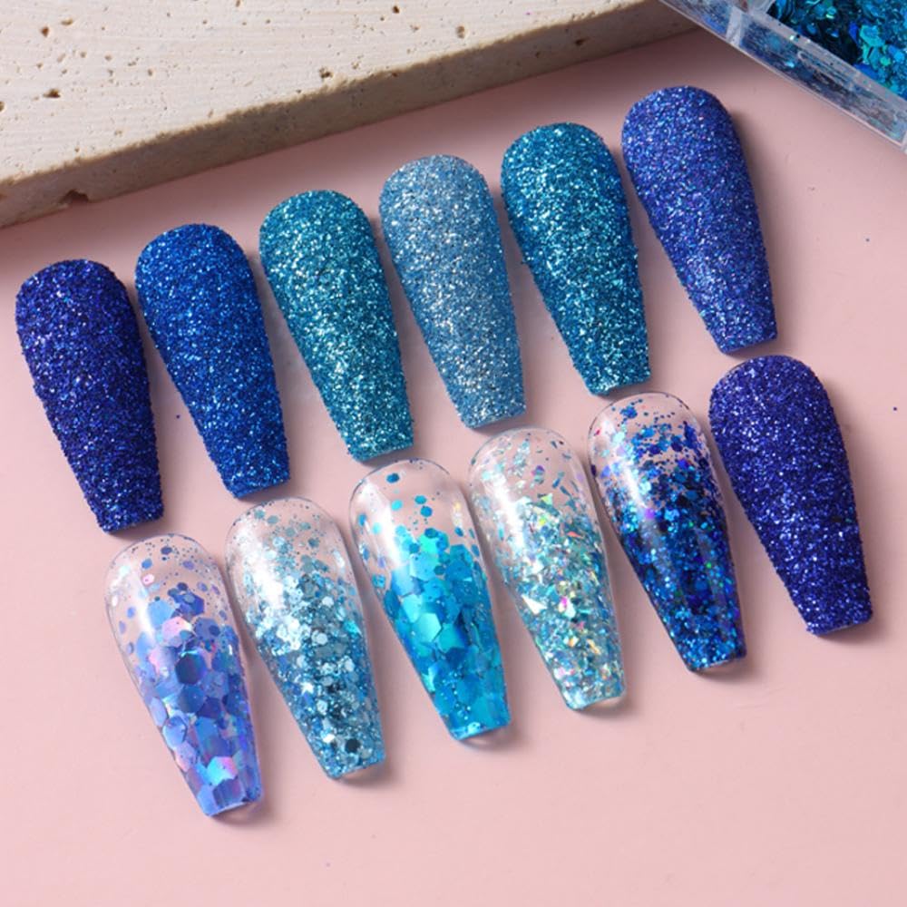 Nail Art Foil Flakes Powder 3D Holographic Nail Art Foil Glitter Sequins Blue Glitter Nails for Women Girls Acrylic Nails DIY Decorations Charms
