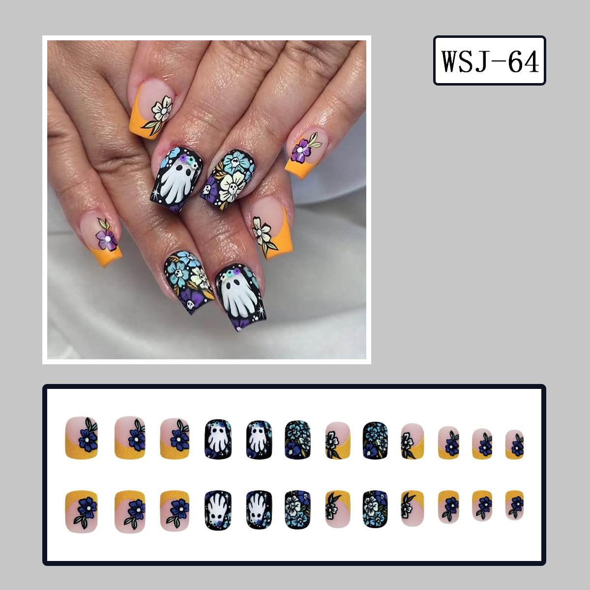 24 Pcs Halloween Press on Nails Short Square Cute Ghost Fake Nails with Skull Flower Designs Orange French Tip Glue on Nails Matte Full Cover Acrylic Nail for Women DIY Halloween Manicure