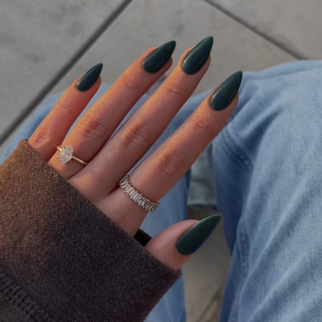 Dark Green Press on Nails Medium Stiletto Almond,KQueenest Pure Color Acrylic Nails Kit Reusable Fake Nails Christmas with Feature Protective UV Coating for Women Nail Art Manicure in 24PCS