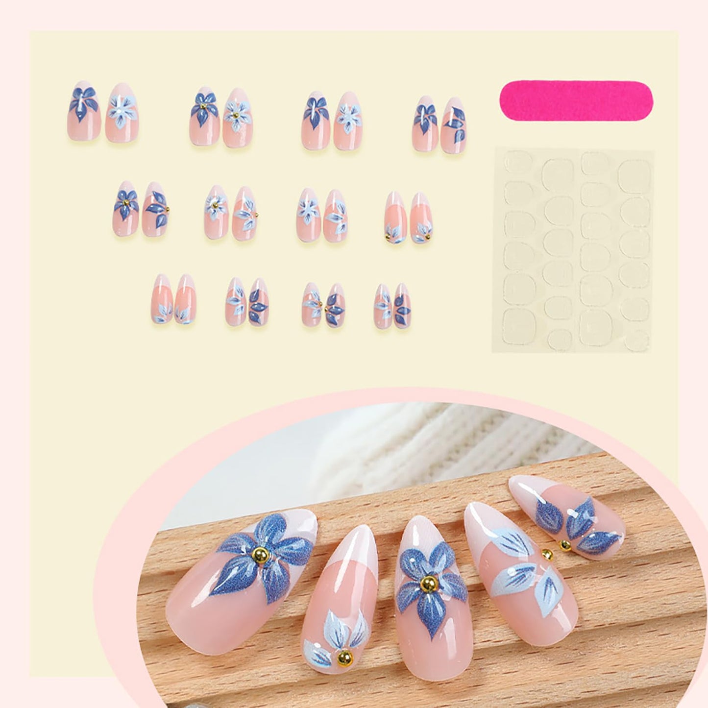 Blue Flower 3D Acrylic Fake Nail White French Tip Press on Nail Medium Almond Shaped Full Cover Glossy Artificial Stick on Nails Nude Press Ons Artificial Fingernails DIY Glue on Nails for Women